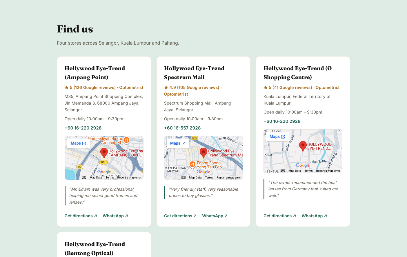 Sample GetZumo website — store locations with ratings, hours and WhatsApp links